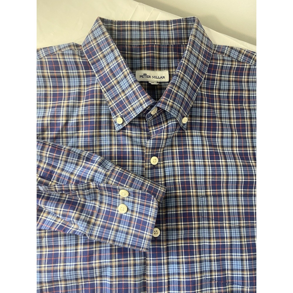 Men's Peter Millar Classic Button Down Blue plaid Dress Shirt-Size XL- Very Nice